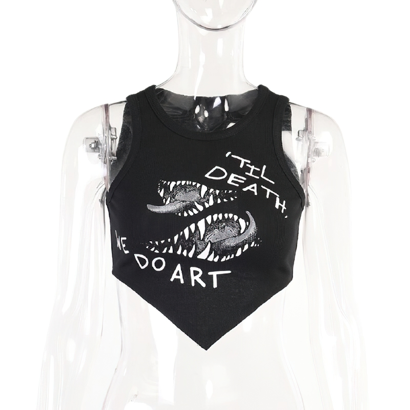 Gothic women's asymmetrical cropped tank top with a fierce graphic print, perfect for bold fashion statements.
