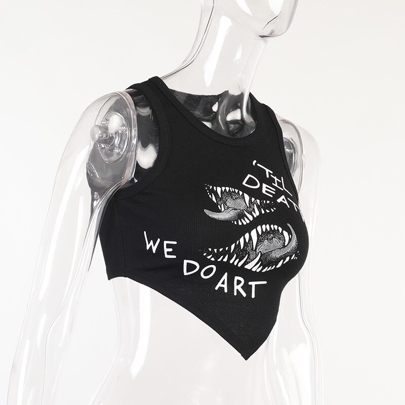 Gothic asymmetrical black tank top with bold graphics, perfect for edgy fashion lovers.