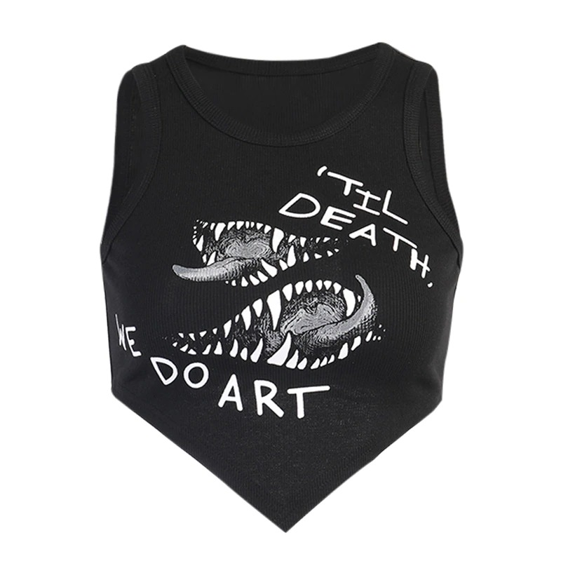 Gothic asymmetrical sleeveless tank top featuring a unique graphic print that reads 'Till Death, We Do Art'.