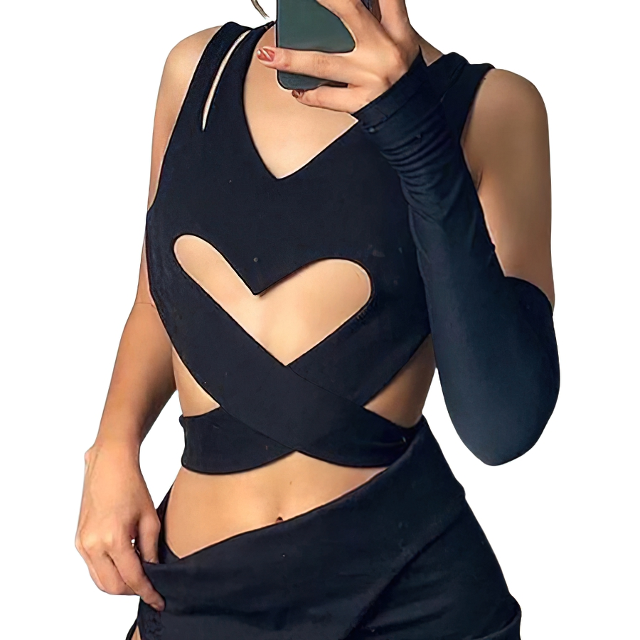 Gothic cut-out crop top for women, stylish black tank with heart cut-out and long sleeve detail, perfect for punk chic outfits.