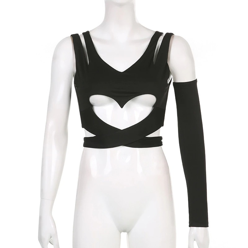 Goth sexy cut-out crop top featuring a unique heart design, stylish black fabric, and a one-armed sleeve, perfect for punk chic looks.