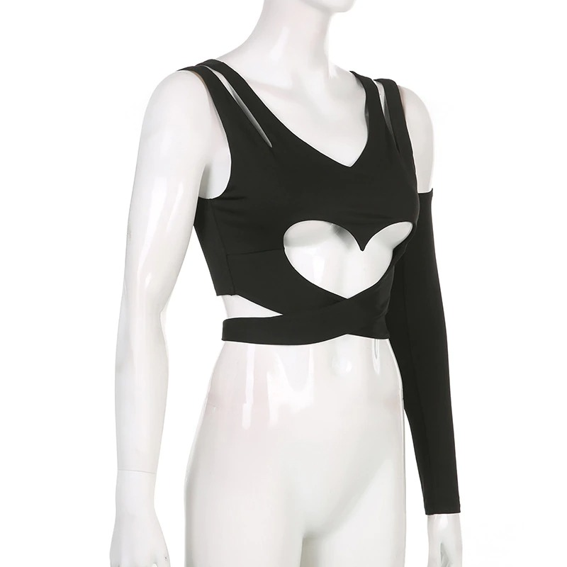 Gothic sexy black crop top with heart cut-out and one sleeve for a punk chic look.