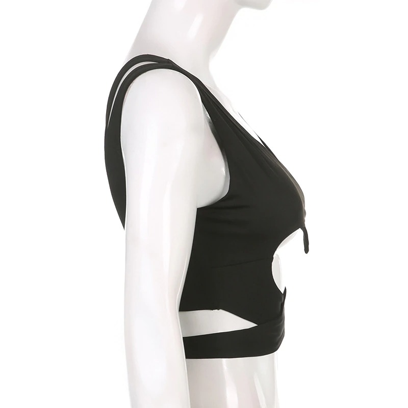 Side view of black gothic cut-out crop top for women, featuring a fashionable design and stylish bandage fit.