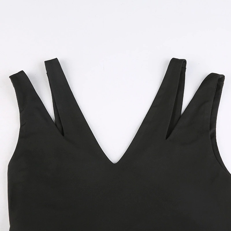 Gothic black cut out crop top with stylish deep V neck and wide straps for a chic punk look.