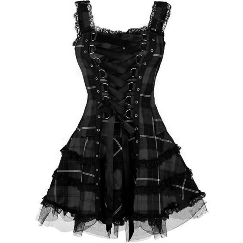 Gothic A-line Mini Dress for Women / Female Vintage Lace Trim Patchwork Dress - HARD'N'HEAVY
