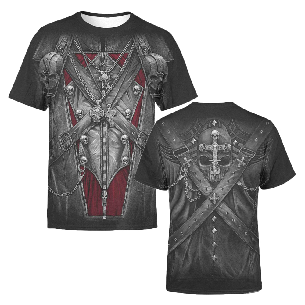 Gothic T-shirt featuring 3D skull print with chains, perfect for alternative fashion lovers.