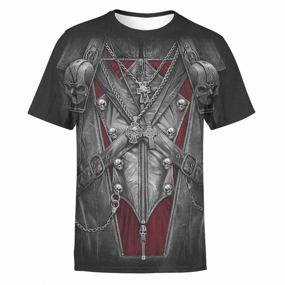 Gothic alternative t-shirt featuring a striking 3D skull print and leather design, perfect for trendy summer styling.