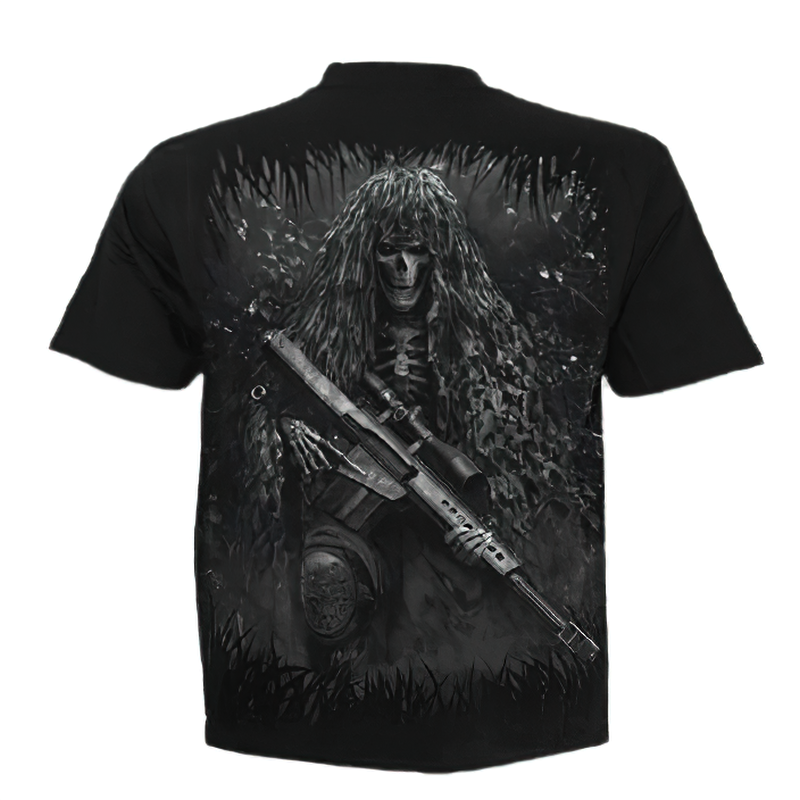 Black gothic t-shirt featuring a 3D print of a skull soldier with sniper rifle and camouflage details.
