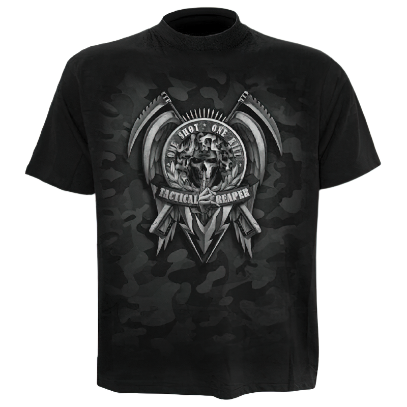 Gothic black t-shirt with 3D skull print and tactical design, perfect for alternative summer outfits.