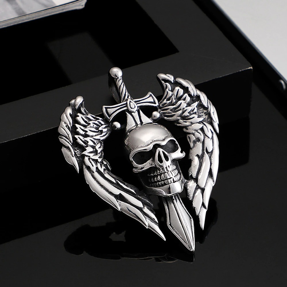 Gothic angel wing skull pendant necklace with sword, perfect unisex biker punk jewelry for men and women.