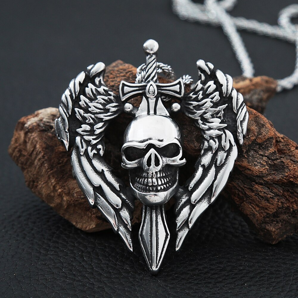 Gothic angel wing skull pendant necklace with sword, stainless steel biker jewelry for men and women.