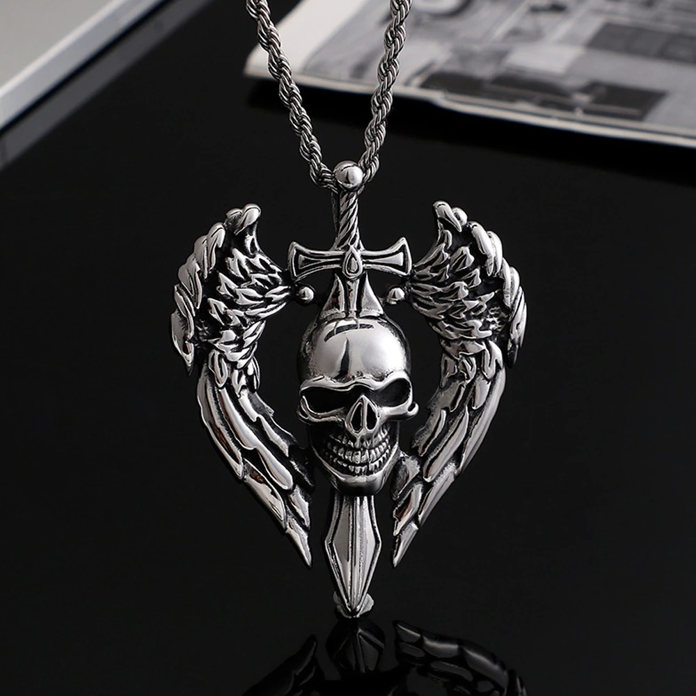 Gothic Angel Wing Skull Pendant Necklace Stainless Steel / Punk Biker Skull Jewelry for Men and Women - HARD'N'HEAVY