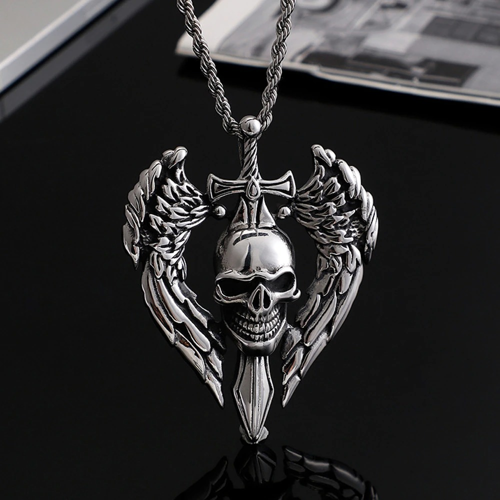 Gothic angel wing skull pendant necklace in stainless steel, perfect for punk biker style jewelry.