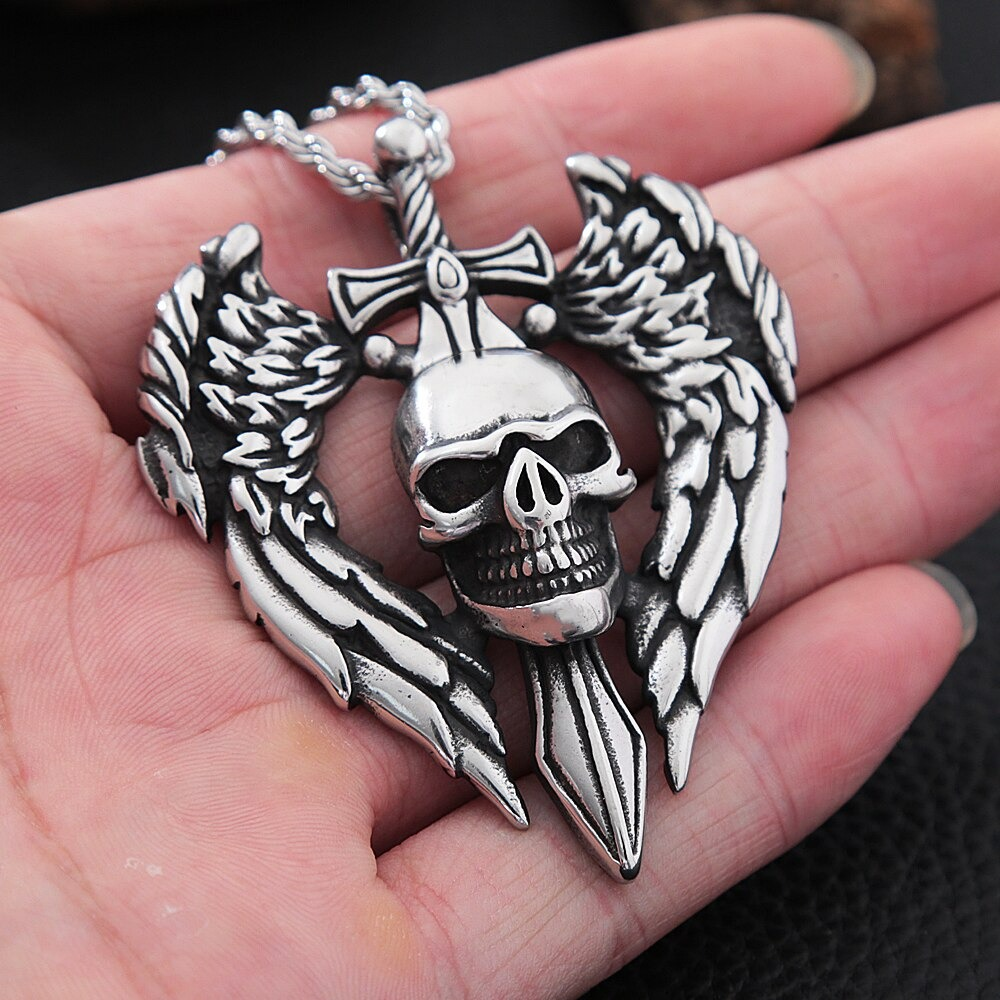 Gothic angel wing skull pendant necklace with sword detail, perfect for unisex biker punk jewelry.