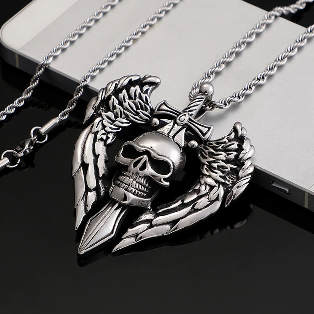 Gothic stainless steel angel wing skull pendant necklace on black background, perfect for punk style.