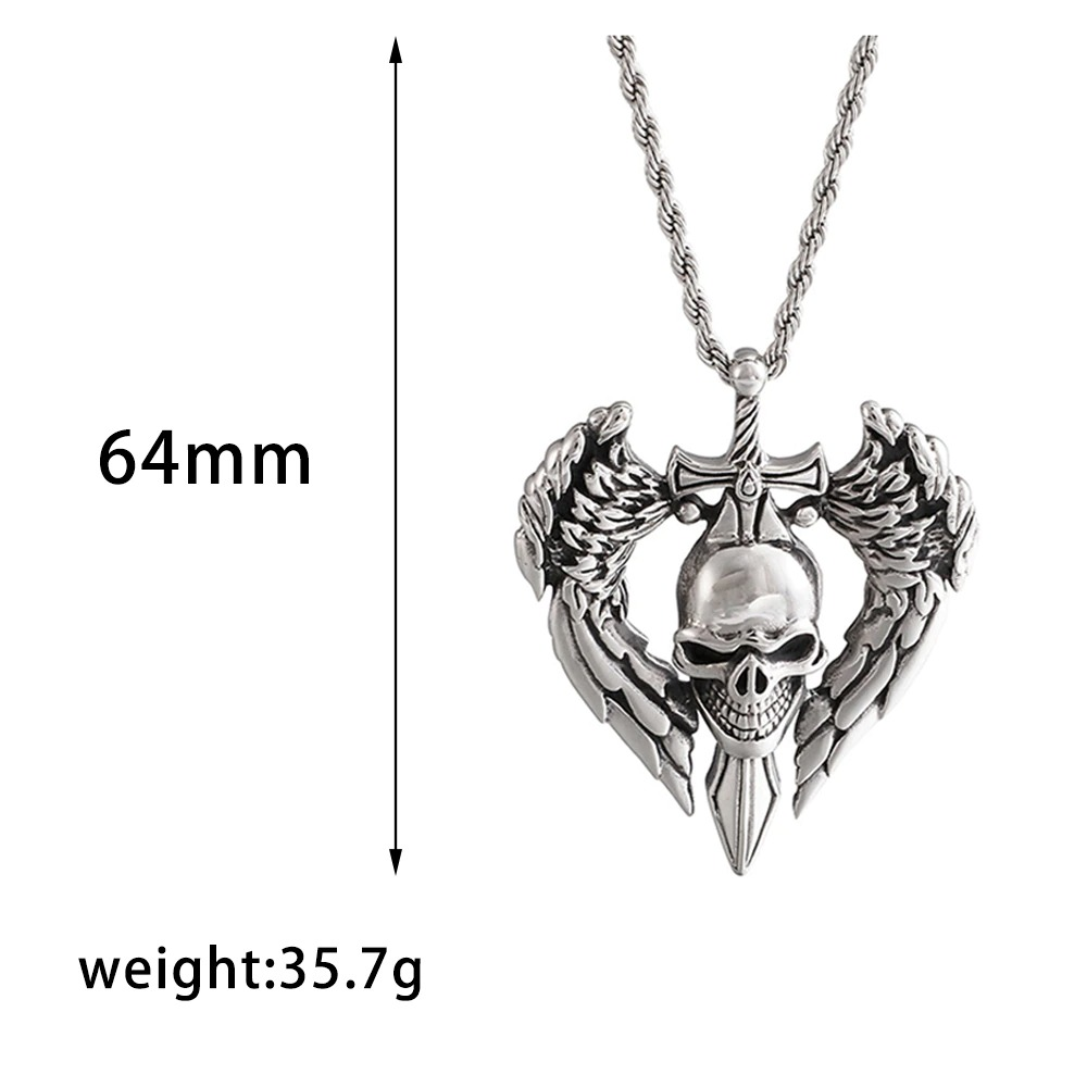 Gothic angel wing skull pendant necklace, stainless steel punk jewelry, unisex biker style, 64mm size.