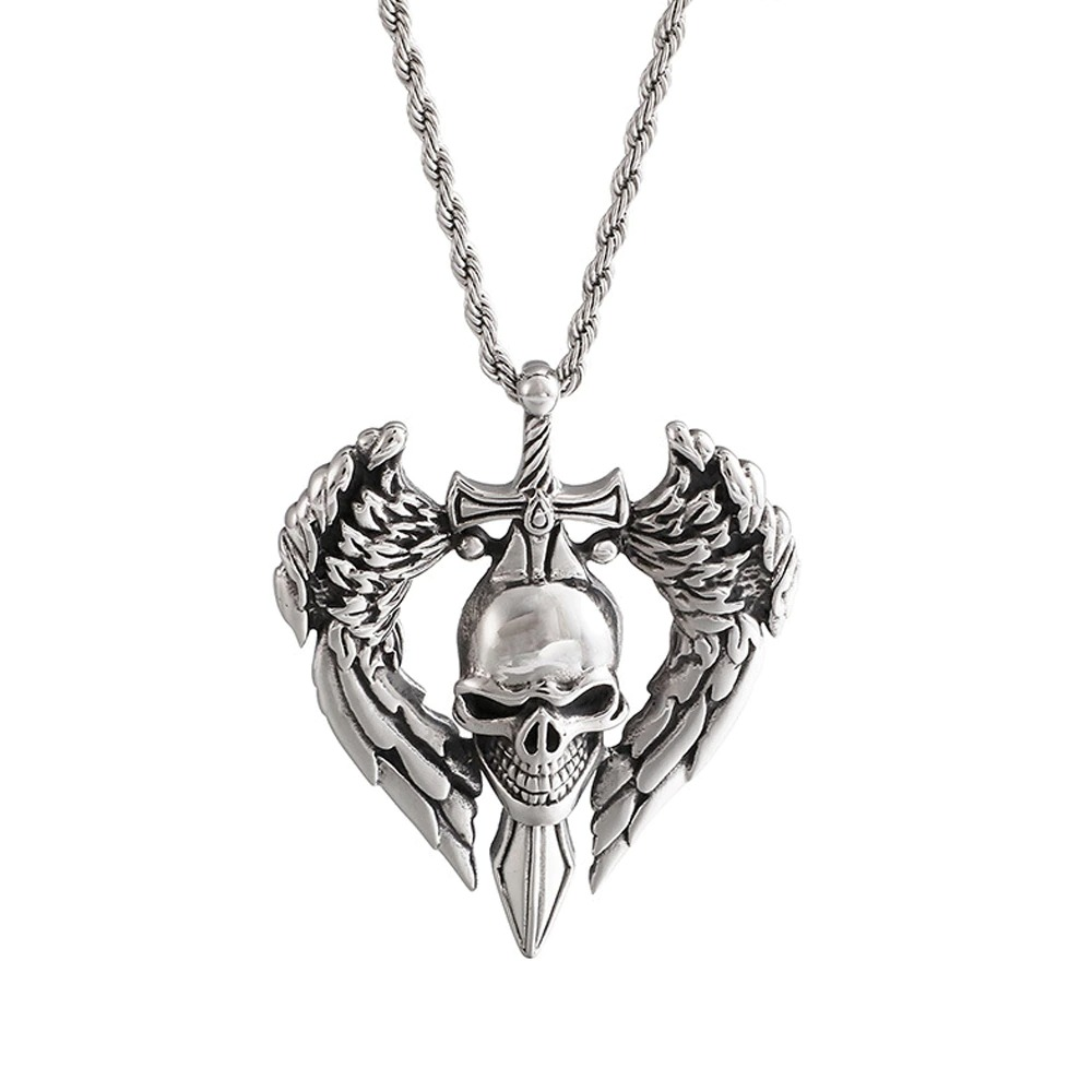 Gothic angel wing skull pendant necklace in stainless steel for men and women, perfect punk biker jewelry.