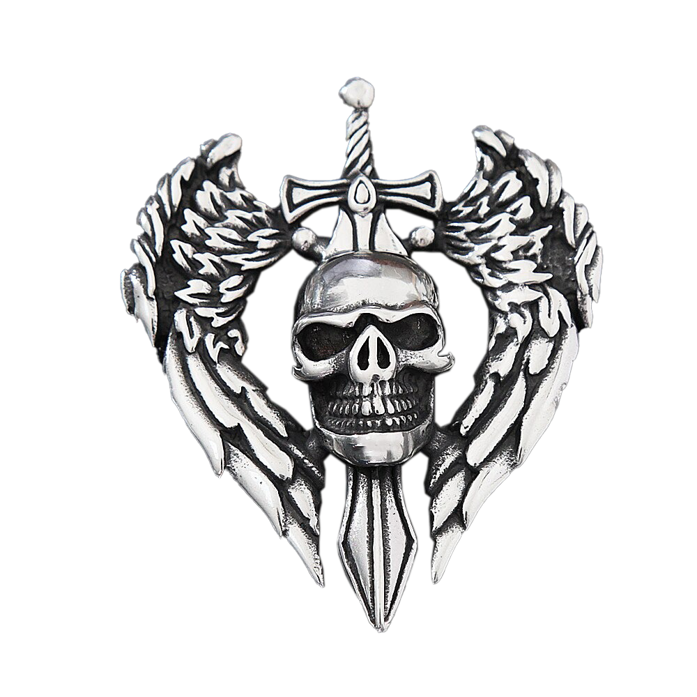 Gothic angel wing skull pendant with sword detail in stainless steel, perfect for biker and punk jewelry enthusiasts.