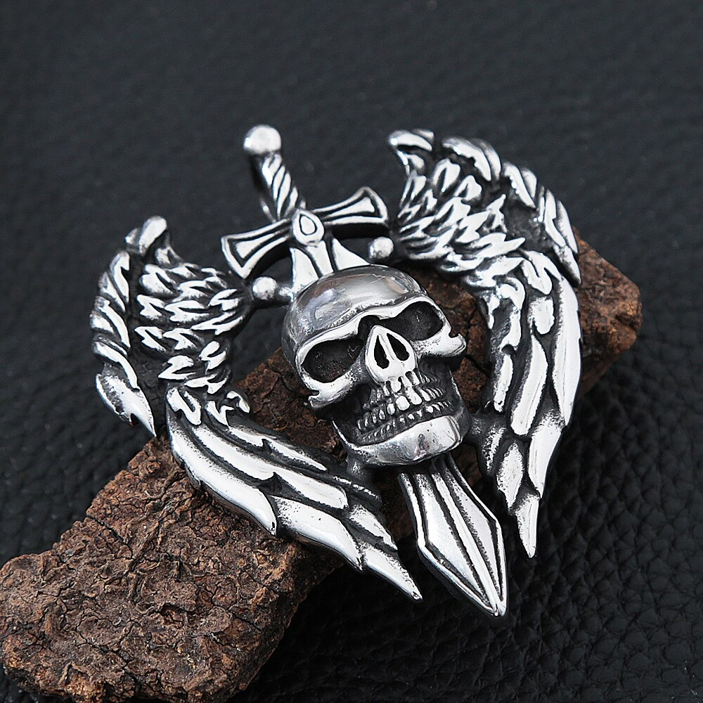 Gothic angel wing skull pendant necklace with sword, unisex punk biker jewelry in stainless steel.