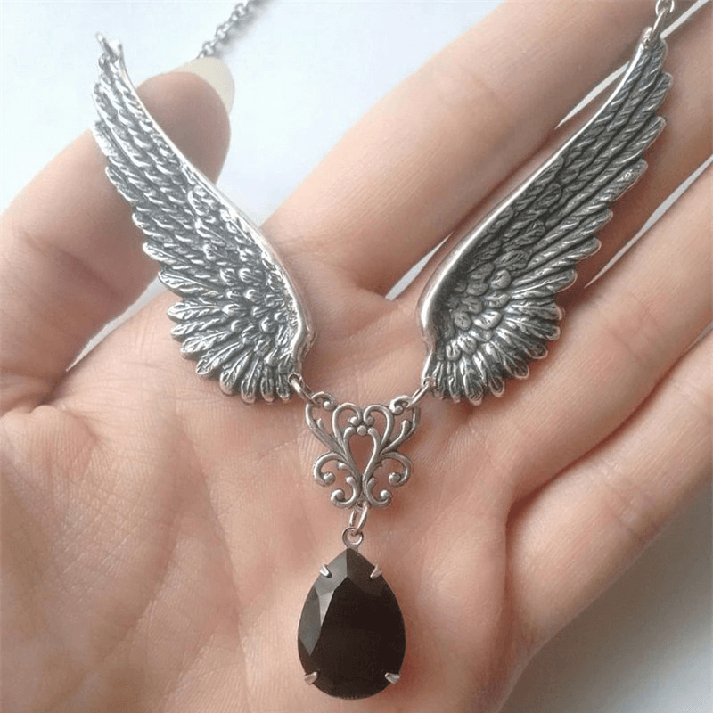 Gothic Angel Wings Necklace / Fashion Jewelry with Black Crystal / Unisex Accessories