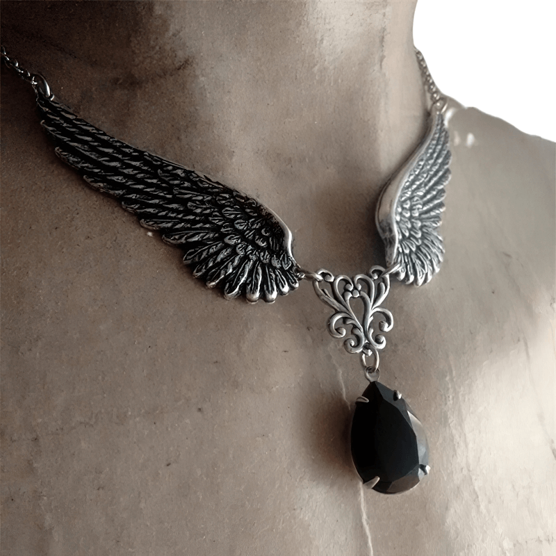 Gothic Angel Wings Necklace / Fashion Jewelry with Black Crystal / Unisex Accessories