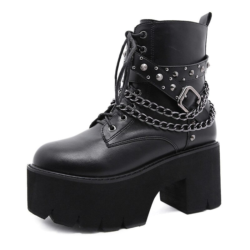 Gothic Ankle Boots For Women / Short Sexy Lady's High Heel Shoes With Lace-Up And Chain - HARD'N'HEAVY