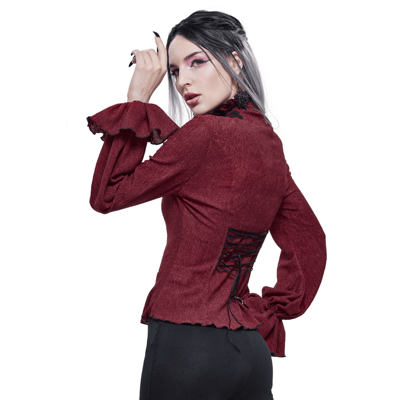 Gothic Appliqued Wine Red Blouse with Buttons / Women's Flared Sleeves Striped Shirts