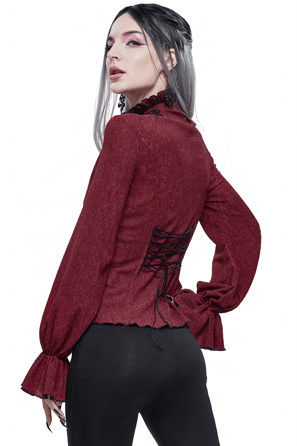 Gothic wine red blouse with flared sleeves and lace-up back, perfect for a stylish women's outfit.