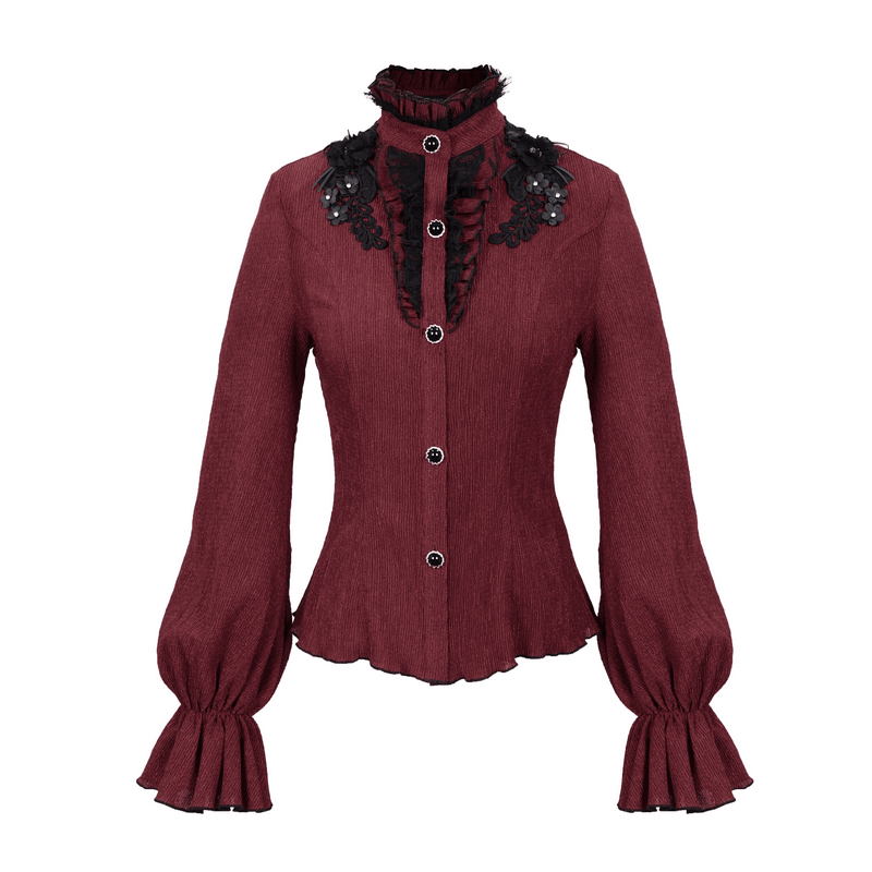 Gothic wine red blouse with buttons and flared sleeves, featuring ruffle details and a stylish neckline design.