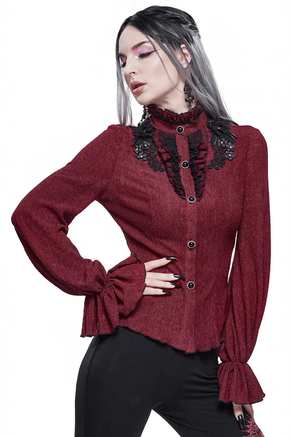 Gothic wine red blouse with flare sleeves and button details, perfect for stylish women's fashion.