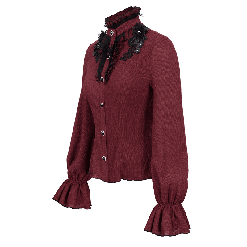 Gothic wine red blouse with flare sleeves and decorative buttons, perfect for stylish women's fashion.