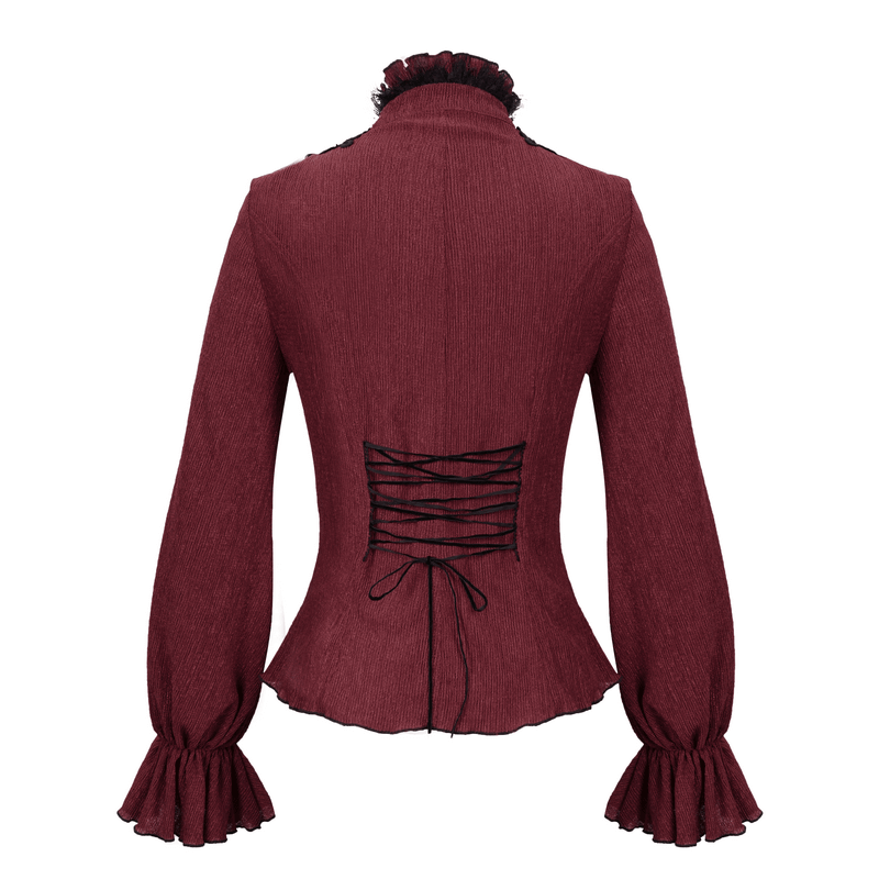 Back view of a Gothic wine red blouse with flare sleeves and lace-up detail, perfect for a stylish women's outfit.