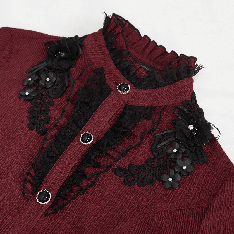 Gothic appliqued wine red blouse with flared sleeves and decorative buttons for women, featuring elegant lace details.