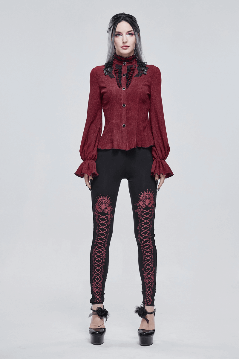 Gothic wine red blouse with flare sleeves and buttons, paired with embroidered black leggings, stylish women's outfit.