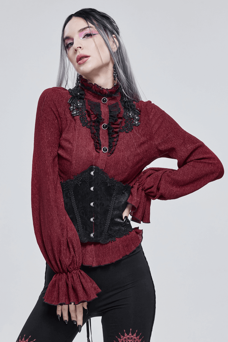 Gothic Appliqued Wine Red Blouse with Buttons / Women's Flared Sleeves Striped Shirts