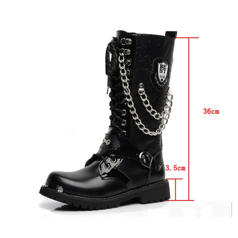 Gothic army boots with chain detail, perfect for rock festivals and rave outfits. Mid-calf PU black combat boots.