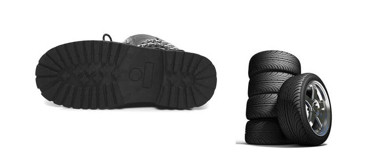 Gothic army boots sole next to stacked performance car tires, showcasing edgy footwear and durable tire design.