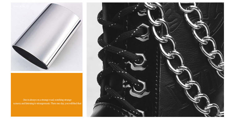 Close-up of gothic army boots with metal chain and shiny detail, perfect for rave outfits and rock style.