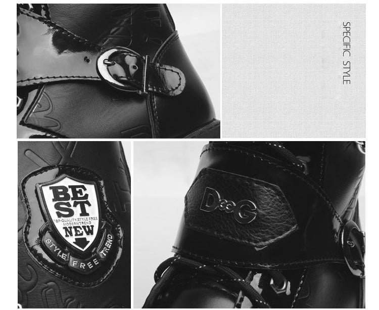 Close-up of Gothic Army Boots featuring badges, chains, and stylish design for rave and rock festival fashion.