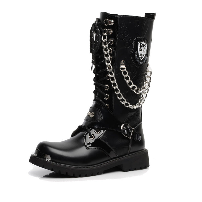 Gothic army boots with metal chains and badges perfect for rock festivals and rave outfits.