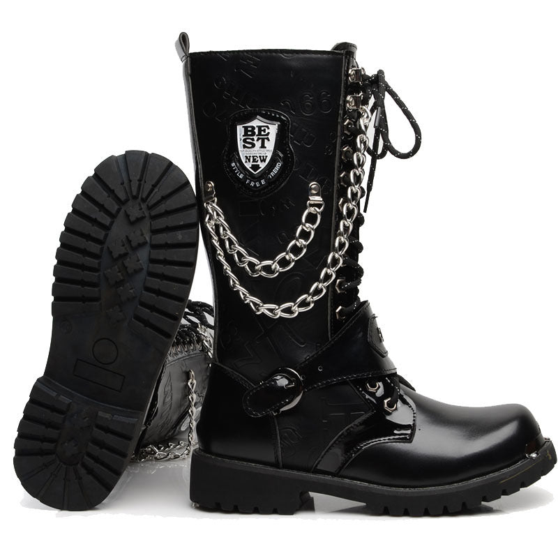 Gothic Army Boots / Rock Style Men Combat Mid Calf with Metal Chain Punk Shoes / Rave Outfits - HARD'N'HEAVY
