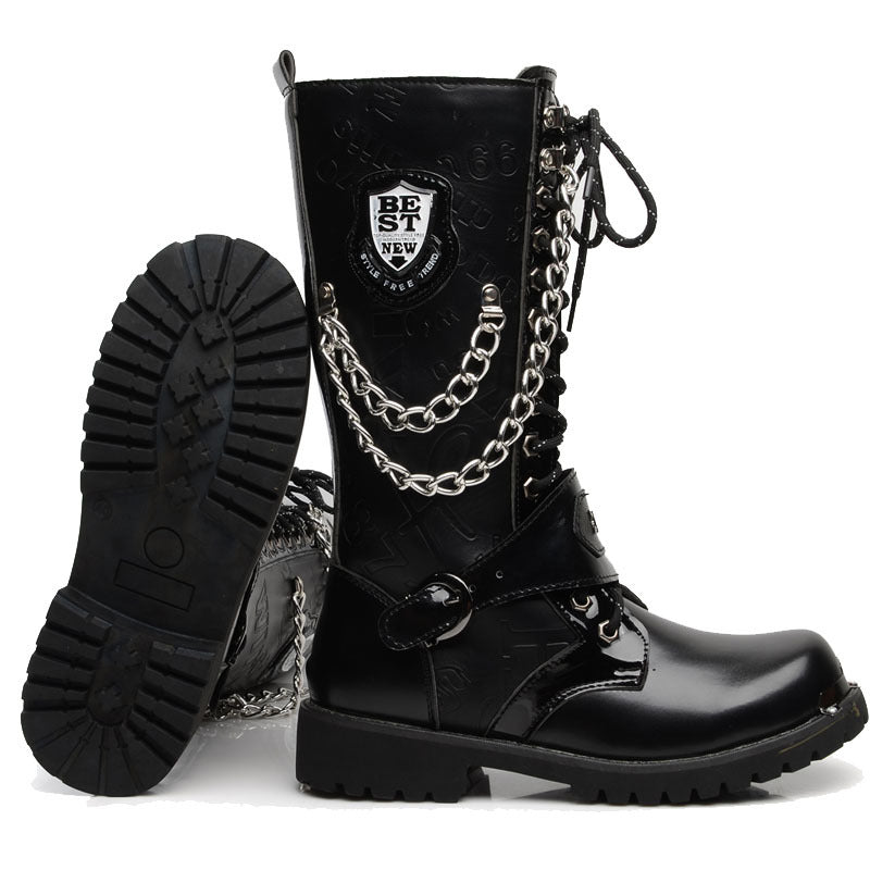 Gothic army boots with chains and badges, perfect for rave nights or rock festivals. Stylish mid-calf punk shoes.