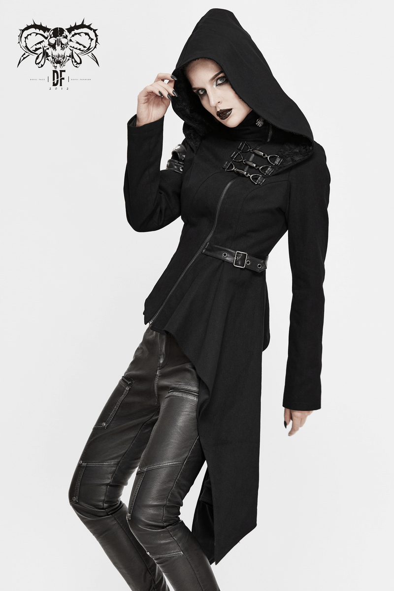 Gothic Asymmetric Jacket with Hood / Women's Diagonal Zip Jacket with Long Side - HARD'N'HEAVY