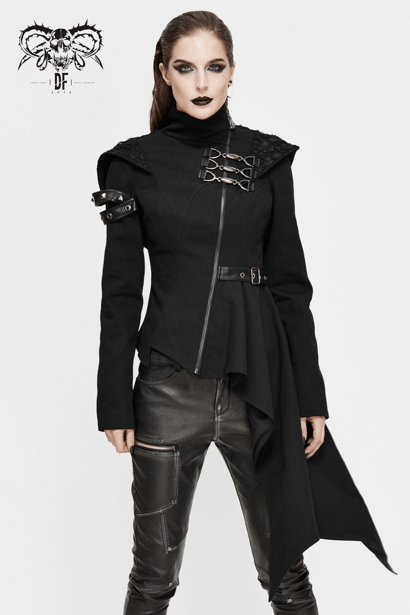 Gothic Asymmetric Jacket with Hood / Women's Diagonal Zip Jacket with Long Side - HARD'N'HEAVY