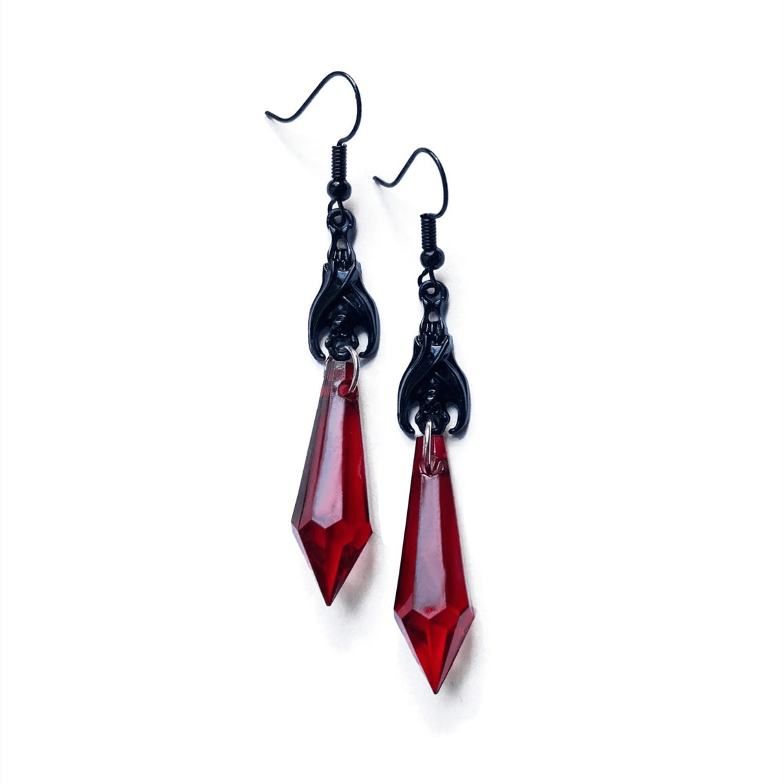 Gothic bat earrings with red teardrop beads, stylish alternative jewelry for women, adding a unique flair to your outfits.