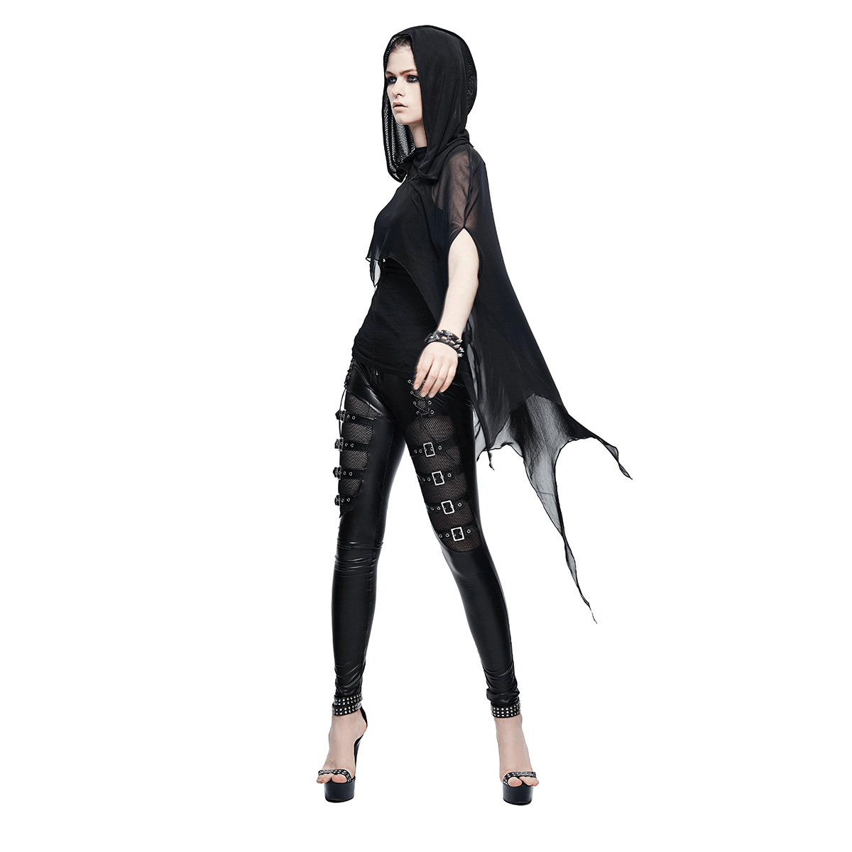 Gothic Bat Style Hooded Mesh Cape / Women's Black Asymmetrical Hem Cape - HARD'N'HEAVY