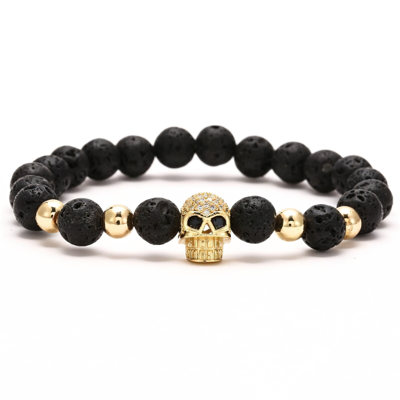 Gothic Beads Stones Bracelet With Skull Head / Unisex Fashion Rock Style Jewelry - HARD'N'HEAVY
