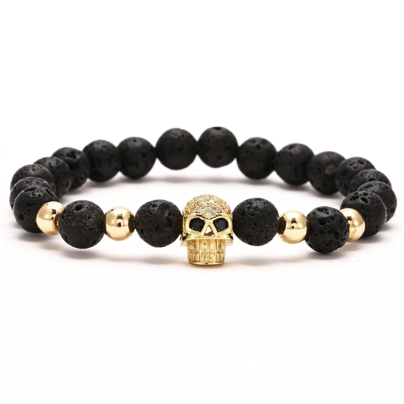 Gothic beads stones bracelet featuring a stylish skull head accent, perfect unisex fashion jewelry.