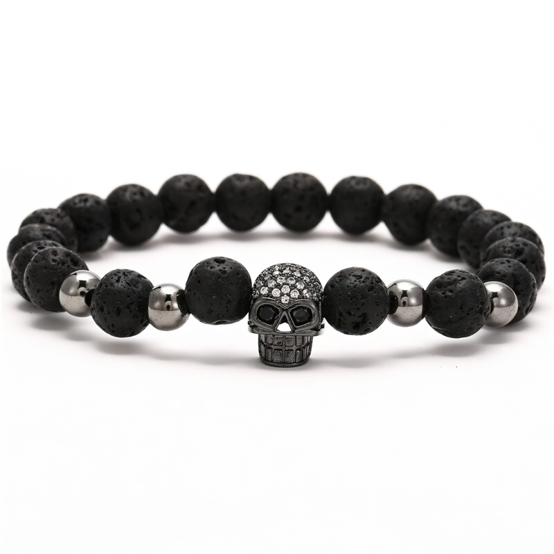 Gothic unisex bracelet featuring black beads and a stylish skull head accent, perfect for rock fashion lovers.