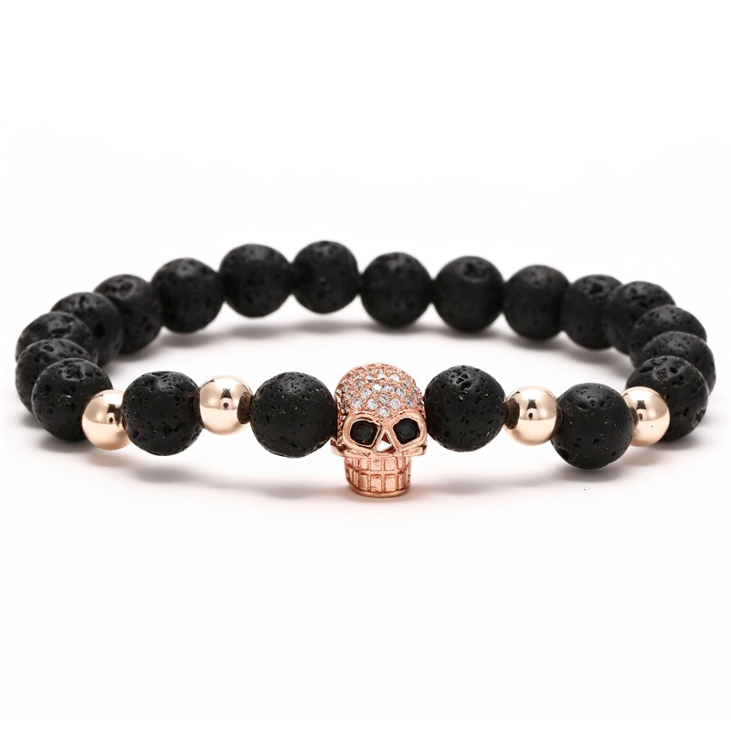 Gothic unisex bracelet featuring dark lava beads and a stylish skull head centerpiece, perfect for rock style fashion.